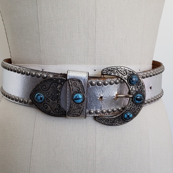 Vintage silver turquoise studded moon belt - Picture 2 of 8